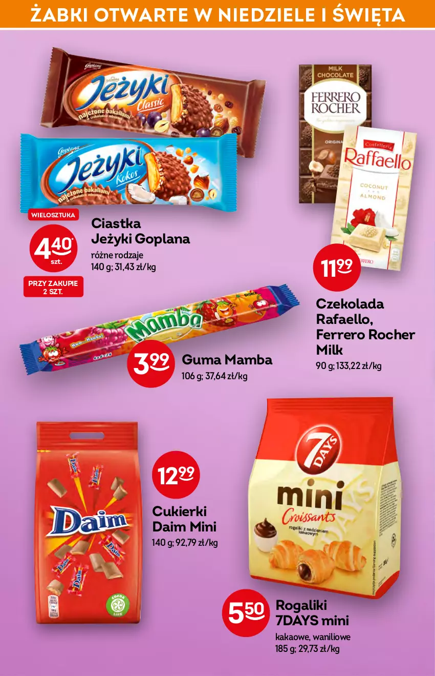 Gazetka promocyjna Żabka - ważna 20.04 do 26.04.2022 - strona 42 - produkty: Ciastka, Cukier, Cukierki, Czekolada, Fa, Ferrero, Ferrero Rocher, Goplana, Jeżyki, Kakao, LANA, Mamba, Rogal