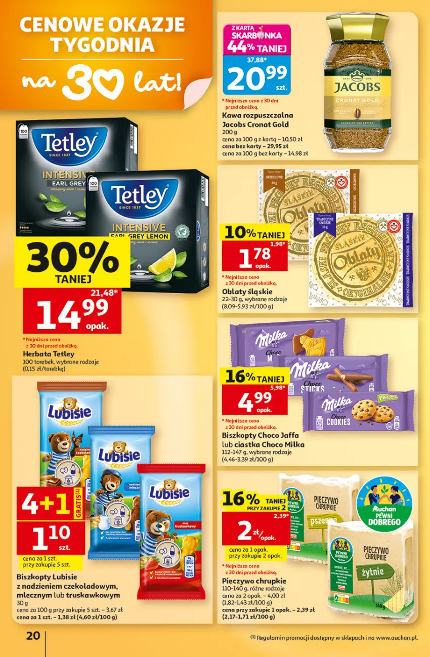 Gazetka promocyjna Auchan - 30 Lat Hipermarket - ważna 15.10 do 21.10.2026 - strona 20 - produkty: Biszkopty, Chrupki, Ciastka, Earl Grey, Fa, Herbata, Jacobs, Kawa, Kawa rozpuszczalna, Milka, Piec, Pieczywo, Pieczywo chrupkie, Tetley