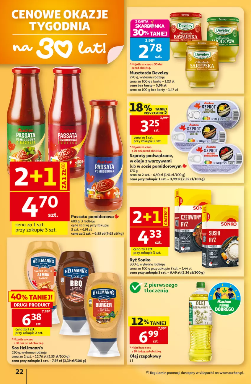 Gazetka promocyjna Auchan - 30 Lat Hipermarket - ważna 15.10 do 21.10.2026 - strona 22 - produkty: Mus, Musztarda, Olej, Olej rzepakowy, Ryż, Sonko, Sos, Szprot, Warzywa