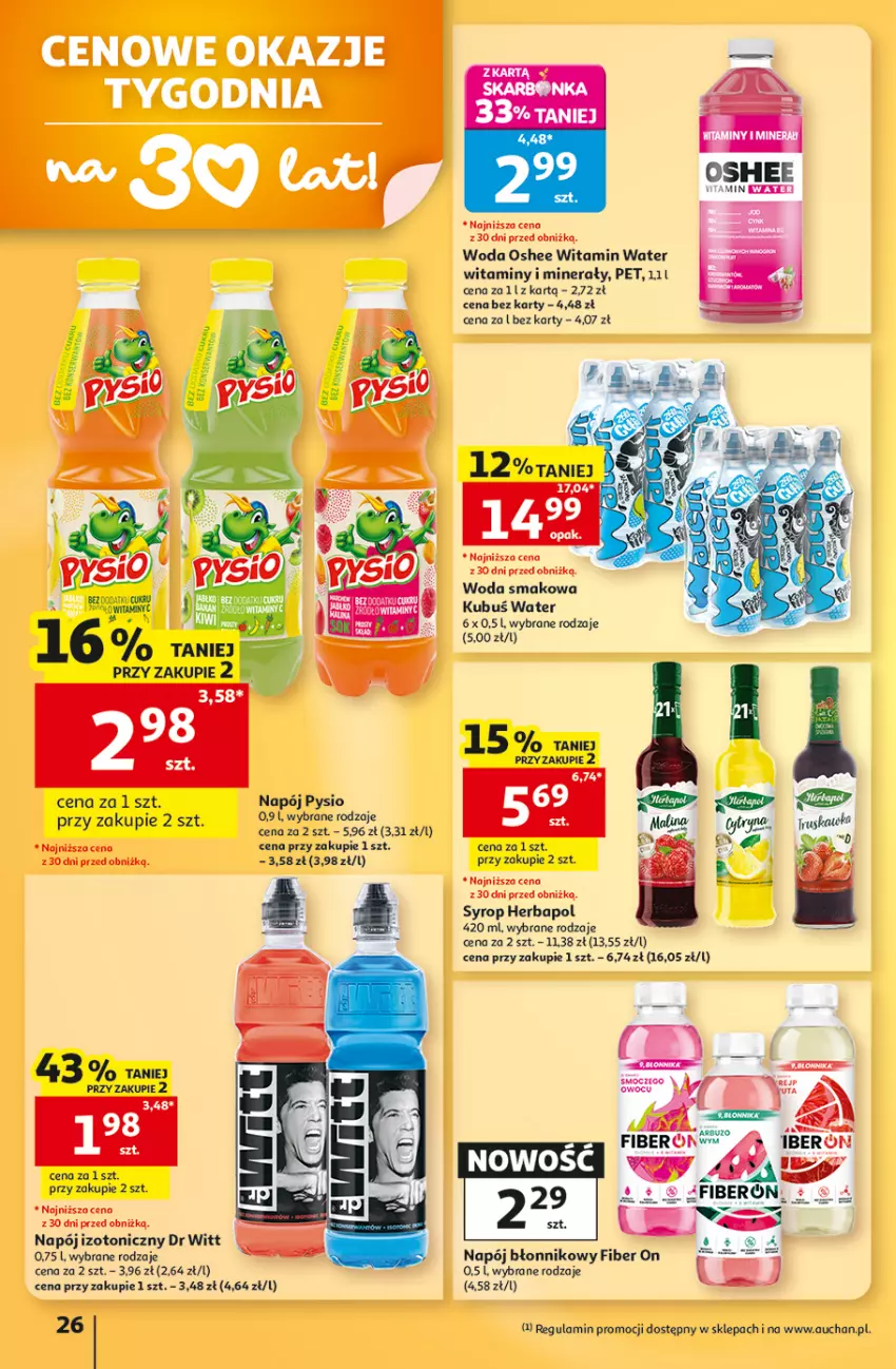 Gazetka promocyjna Auchan - 30 Lat Hipermarket - ważna 15.10 do 21.10.2026 - strona 26 - produkty: Herbapol, Kubuś, Napój, Napój izotoniczny, Oshee, Syrop, Woda