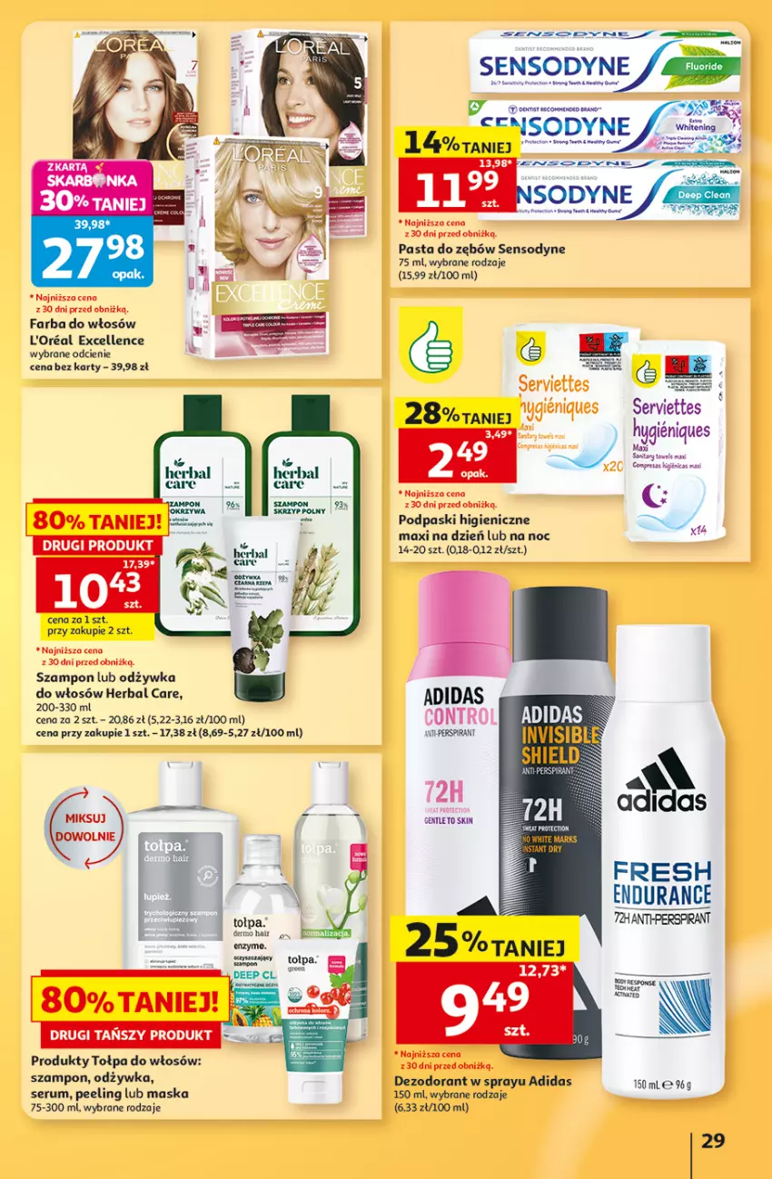 Gazetka promocyjna Auchan - 30 Lat Hipermarket - ważna 15.10 do 21.10.2026 - strona 29 - produkty: Adidas, Dezodorant, Fa, Farba do włosów, Maska, Odżywka, Pasta do zębów, Peeling, Podpaski, Rum, Sensodyne, Ser, Serum, Szampon, Tołpa
