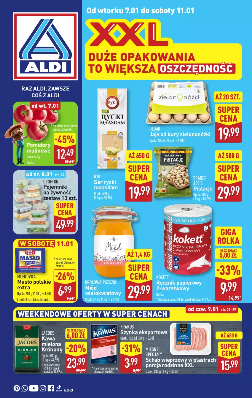 Gazetka promocyjna Aldi - Pełna oferta - ważna 07.01 do 11.01.2025 - strona 1 - produkty: Jacobs, Jaja, Kawa, Kawa mielona, Krakus, Maasdam, Masło, Mięsne specjały, Miód, Mleko, Mlekovita, Papier, Pistacje, Pojemnik, Pomidory, Por, Ręcznik, Schab wieprzowy, Ser, Sport, Szynka