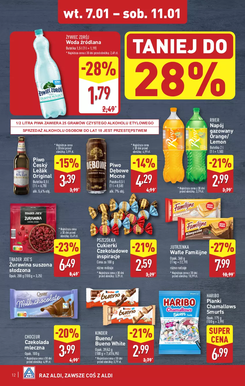 Gazetka promocyjna Aldi - Pełna oferta - ważna 07.01 do 11.01.2025 - strona 12 - produkty: Cukier, Cukierki, Cukierki czekoladowe, Czekolada, Czekolada mleczna, Fa, Gin, Gra, Hama, Haribo, Jutrzenka, Kinder, Kinder Bueno, LANA, Napój, Napój gazowany, Piwa, Piwo, Wafle, Woda