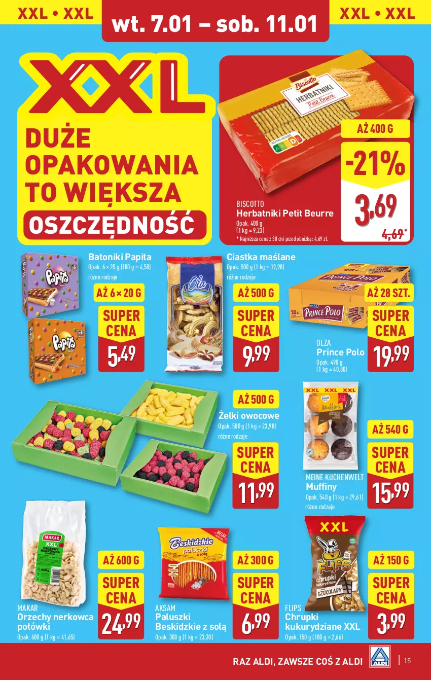 Gazetka promocyjna Aldi - Pełna oferta - ważna 07.01 do 11.01.2025 - strona 15 - produkty: Aksam, Baton, Beskidzki, Chrupki, Ciastka, Herbatniki, Herbatniki Petit Beurre, Muffiny, Prince Polo, Tonik