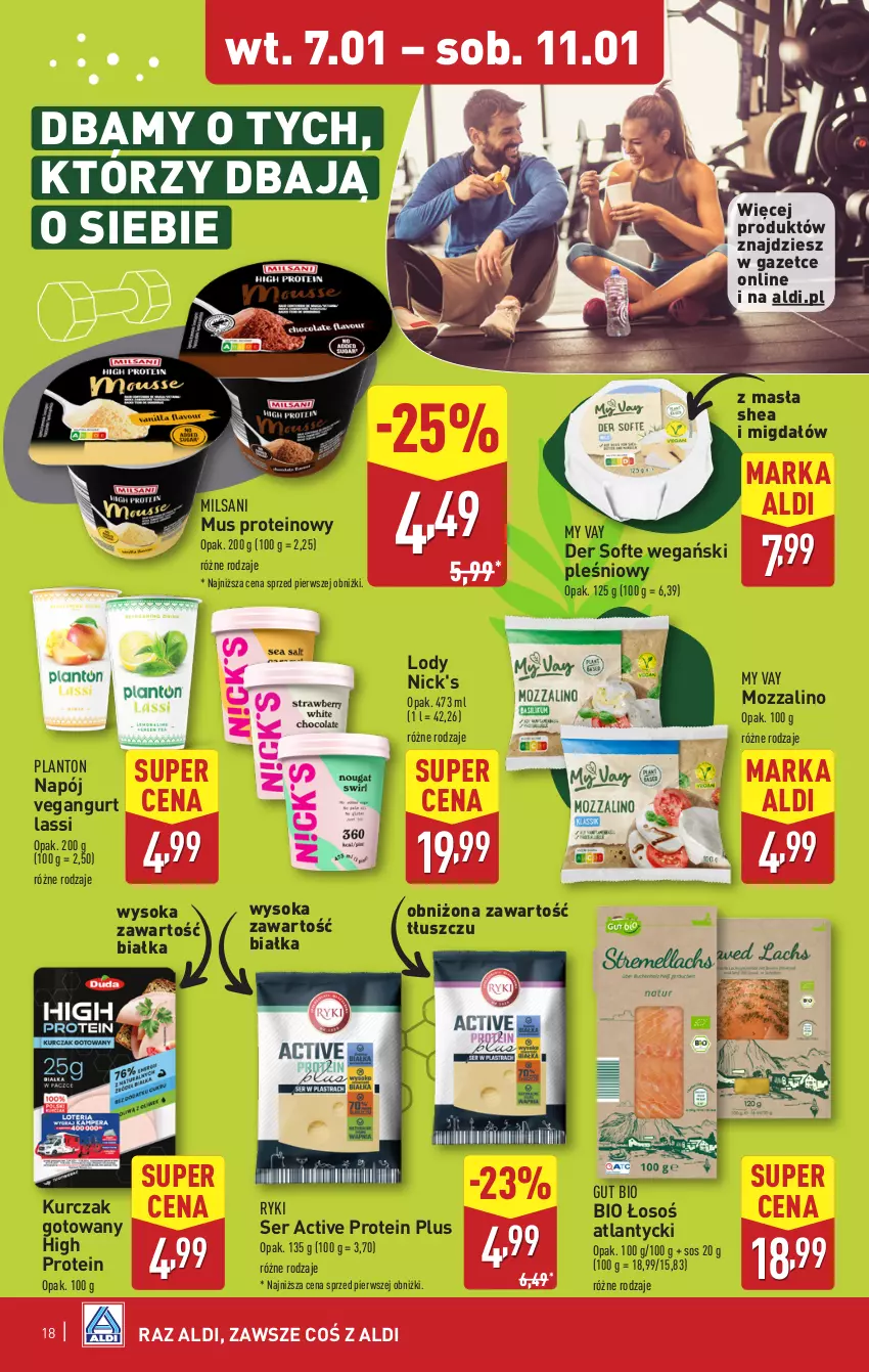 Gazetka promocyjna Aldi - Pełna oferta - ważna 07.01 do 11.01.2025 - strona 18 - produkty: Kurczak, Kurczak gotowany, Lody, Mus, Napój, Ser, Sok, Sos, Vegangurt