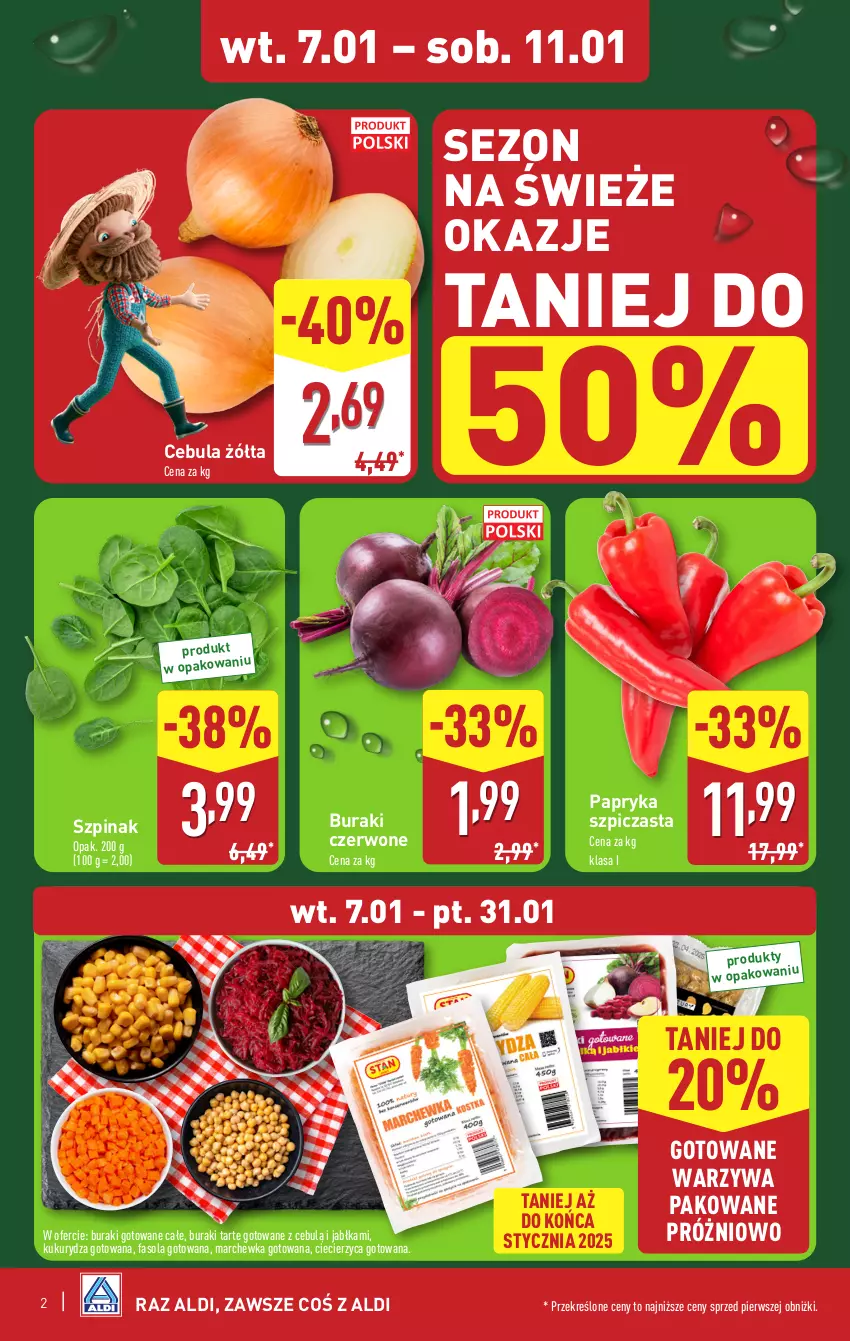 Gazetka promocyjna Aldi - Pełna oferta - ważna 07.01 do 11.01.2025 - strona 2 - produkty: Buraki, Cebula, Fa, Fasola, Jabłka, Kukurydza, Marchewka, Papryka, Szpic, Szpinak, Warzywa