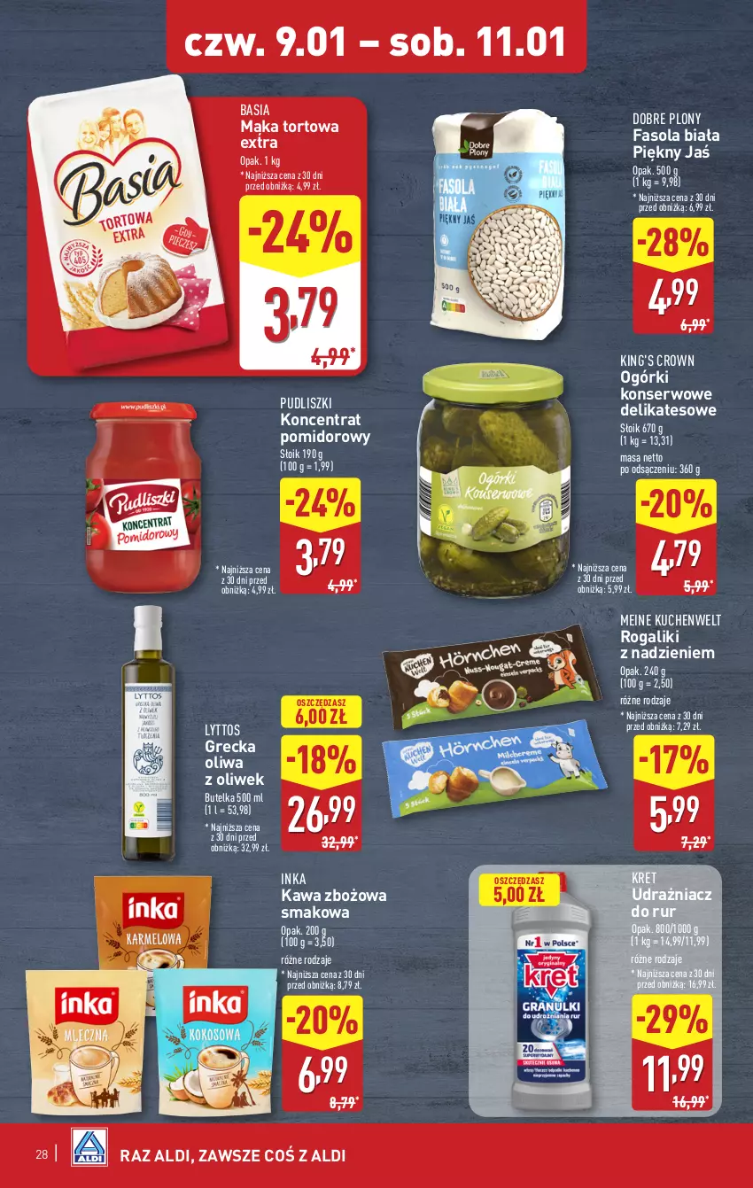 Gazetka promocyjna Aldi - Pełna oferta - ważna 07.01 do 11.01.2025 - strona 28 - produkty: Basia, Fa, Fasola, Inka, Kawa, Kawa zbożowa, Koncentrat pomidorowy, Kret, Mąka, Mąka tortowa, Ogórki konserwowe, Oliwa, Oliwa z oliwek, Pudliszki, Rogal, Ser