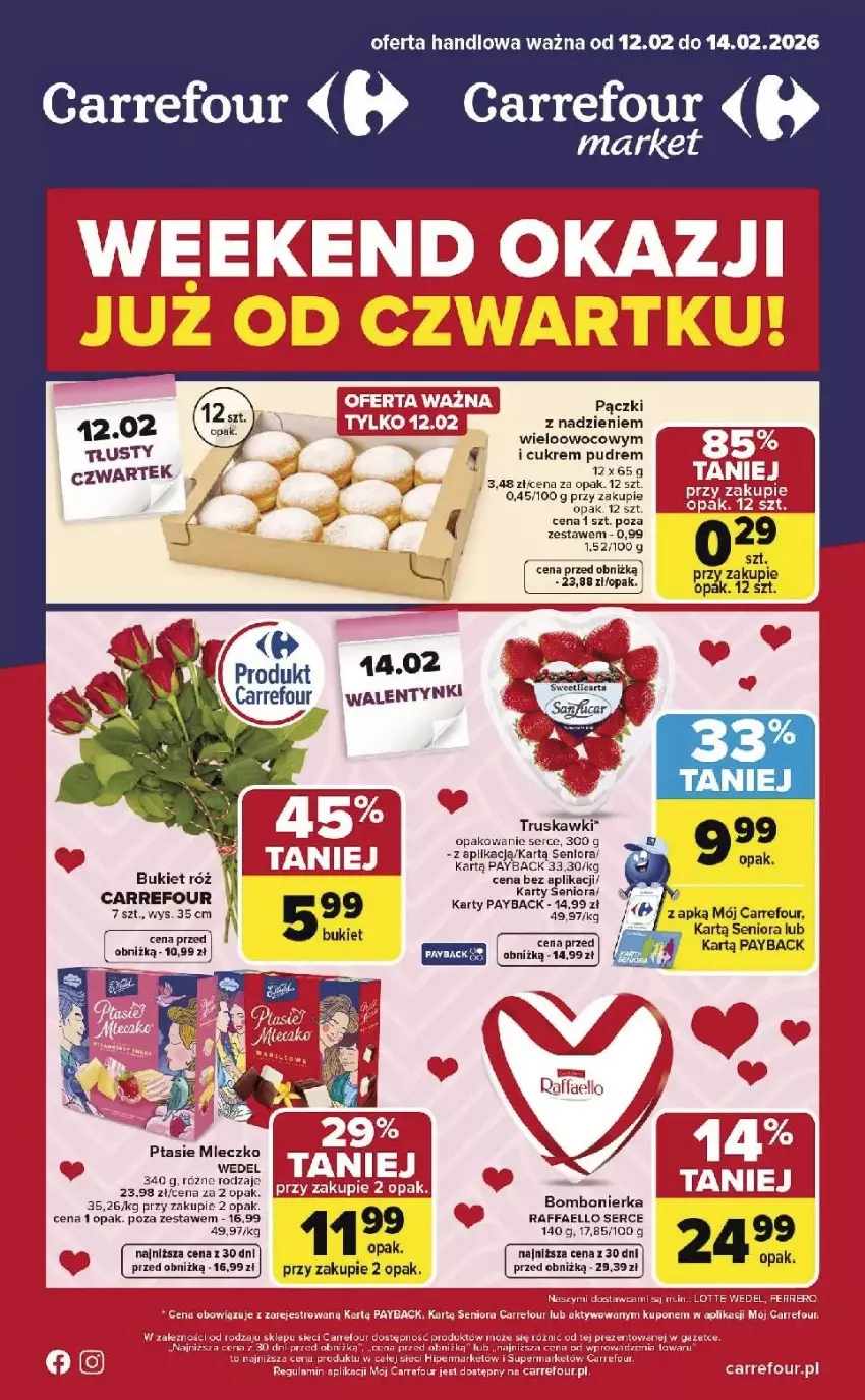 Gazetka promocyjna Carrefour - Gazetka Weekend okazji już od czwartku! - ważna 12.02 do 14.02.2026 - strona 1 - produkty: Bukiet, Fa, Mleczko, Por, Ptasie mleczko, Raffaello, Ser, Truskawki