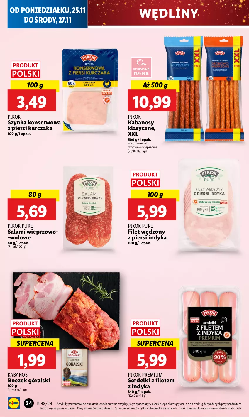 Gazetka promocyjna Lidl - GAZETKA - ważna 25.11 do 27.11.2024 - strona 26 - produkty: Boczek, Kabanos, Kurczak, PIKOK, Pur, Salami, Ser, Serdelki, Szynka, Szynka konserwowa