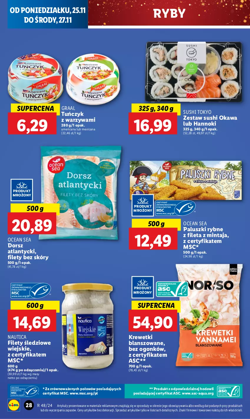 Gazetka promocyjna Lidl - GAZETKA - ważna 25.11 do 27.11.2024 - strona 30 - produkty: Dorsz, Gra, Graal, Kawa, Krewetki, Mintaj, Paluszki rybne, Sushi, Tuńczyk, Warzywa