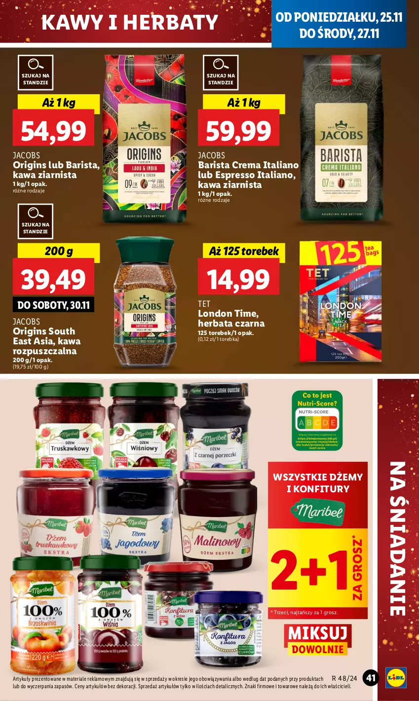 Gazetka promocyjna Lidl - GAZETKA - ważna 25.11 do 27.11.2024 - strona 43 - produkty: Dżem, Gin, Herbata, Herbata czarna, Jacobs, Kawa, Kawa rozpuszczalna, Kawa ziarnista, Torebka