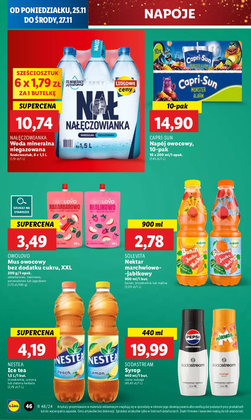 Gazetka promocyjna Lidl - GAZETKA - ważna 25.11 do 27.11.2024 - strona 48 - produkty: Herbata, Ice tea, Mus, Nałęczowianka, Napój, Napoje, Nektar, Nestea, Por, Syrop, Woda, Woda mineralna