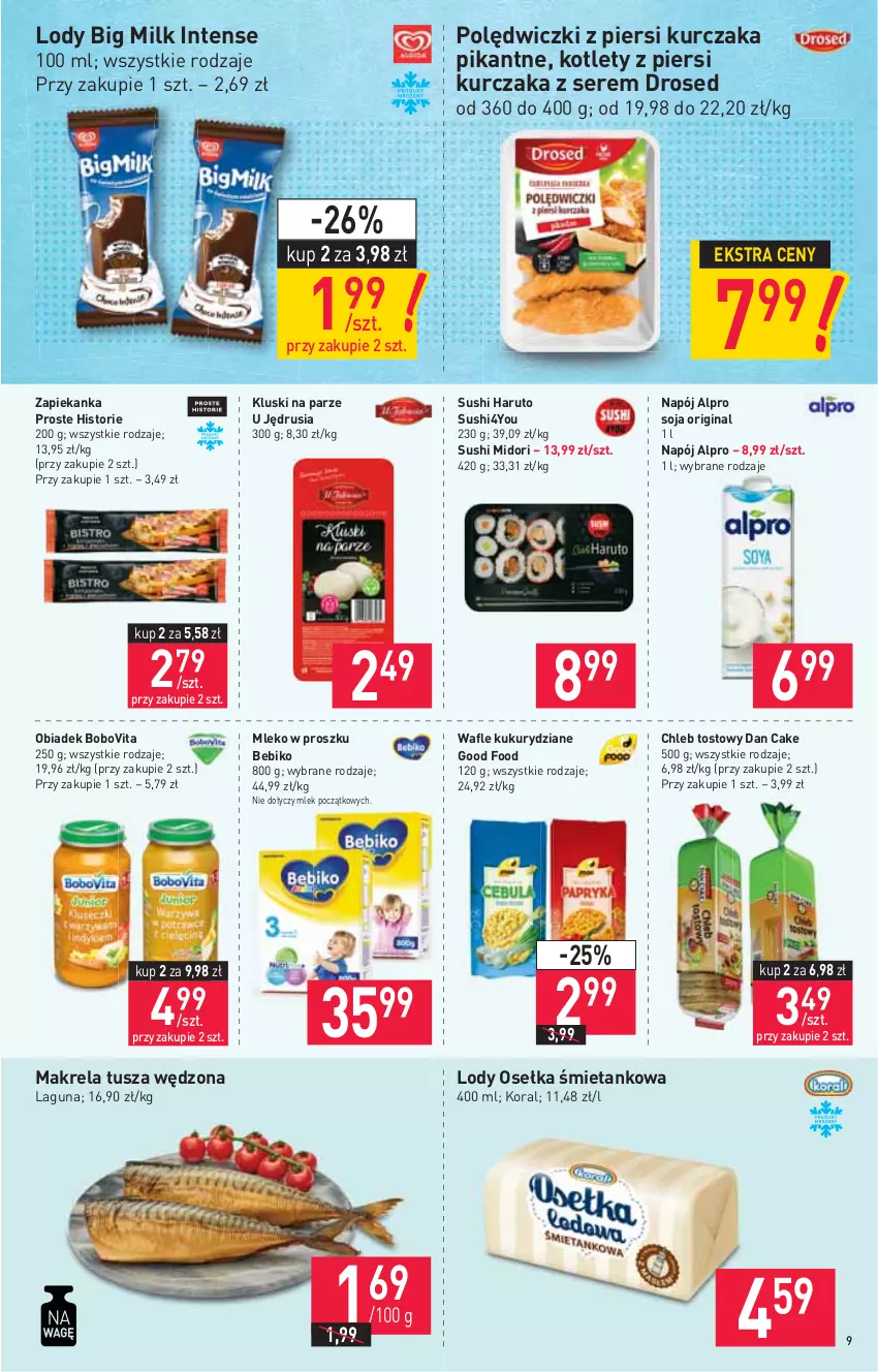 Gazetka promocyjna Stokrotka - Supermarket - ważna 17.06 do 23.06.2021 - strona 9 - produkty: Alpro, Bebiko, Big Milk, BoboVita, Chleb, Chleb tostowy, Dan Cake, Gin, Kluski na parze, Kotlet, Kurczak, Lody, Mleko, Mleko w proszku, Napój, Ser, Sushi, Tusz, Wafle, Zapiekanka