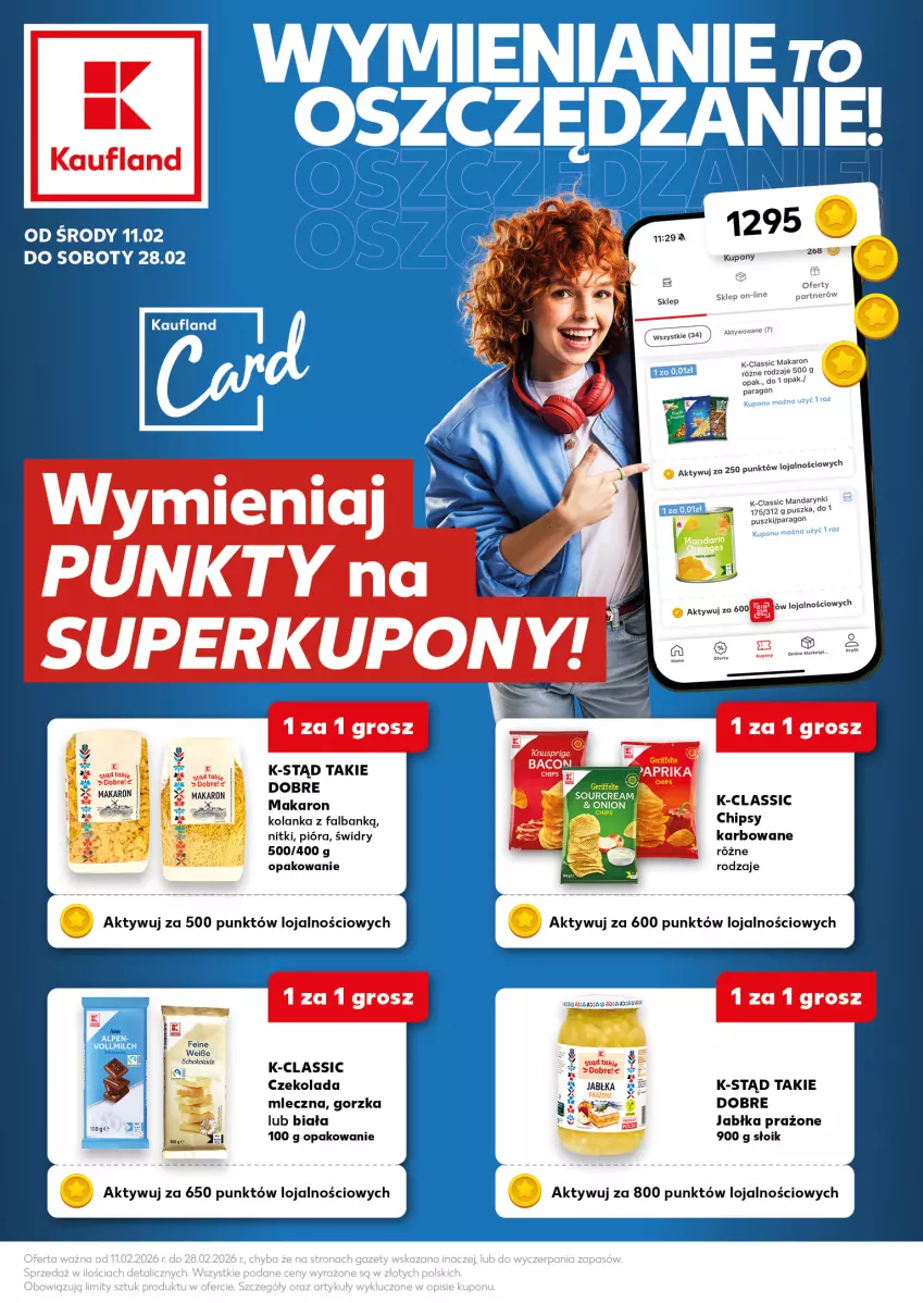 Gazetka promocyjna Kaufland - Kaufland - ważna 11.02 do 28.02.2026 - strona 1 - produkty: Chipsy, Czekolada, Czekolada mleczna, Fa, Jabłka, Jabłka prażone, Makaron, Mandarynki