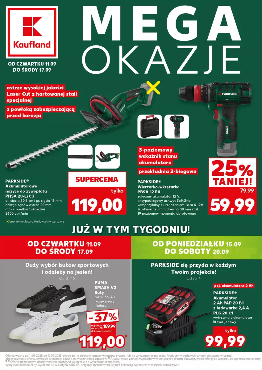 Gazetka promocyjna Kaufland - Kaufland - ważna 11.09 do 17.09.2025 - strona 1 - produkty: Akumulator, Buty, Fa, HP, LG, Noż, Nożyce, Parkside, Piec, Por, Puma, Ser, Sok, Sport, Tarka, Wkręt, Wkrętarka