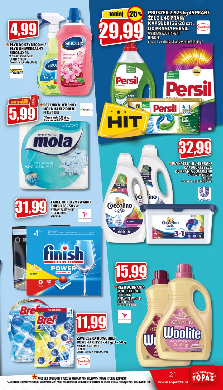 Gazetka promocyjna Topaz - Gazetka - ważna 18.08 do 24.08.2022 - strona 21 - produkty: Coccolino, Fa, Finish, Gra, Mola, Persil, Ręcznik, Ręcznik kuchenny, Rolki, Sidolux, Sok, Tablet, Tabletki do zmywarki, Top, Zmywarki