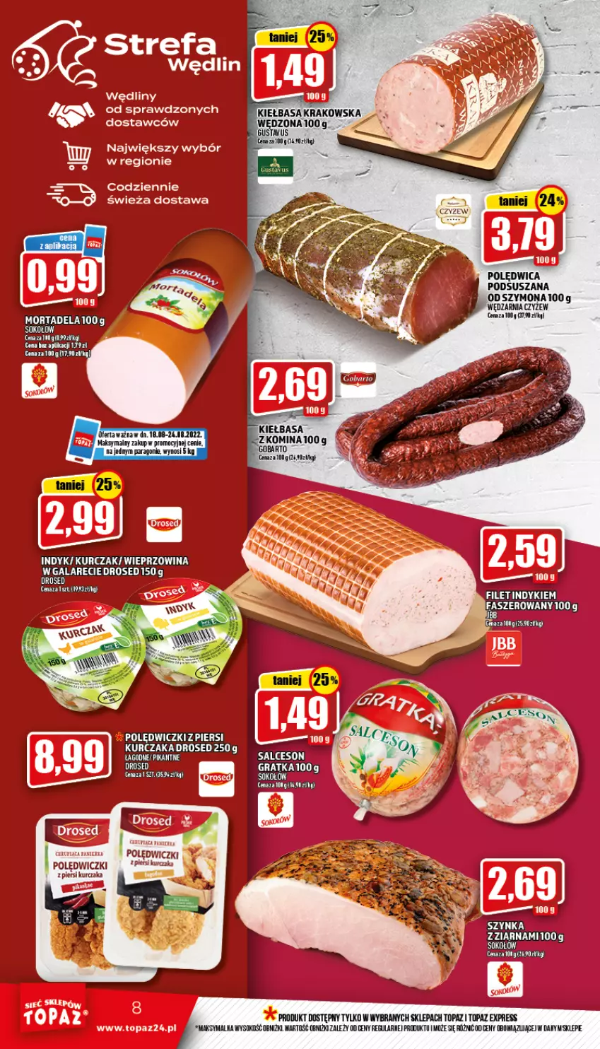 Gazetka promocyjna Topaz - Gazetka - ważna 18.08 do 24.08.2022 - strona 8 - produkty: Fa, Gala, Gra, Kiełbasa, Kiełbasa krakowska, Kurczak, Polędwica, Salceson, Sok, Sokołów, Top, Wieprzowina