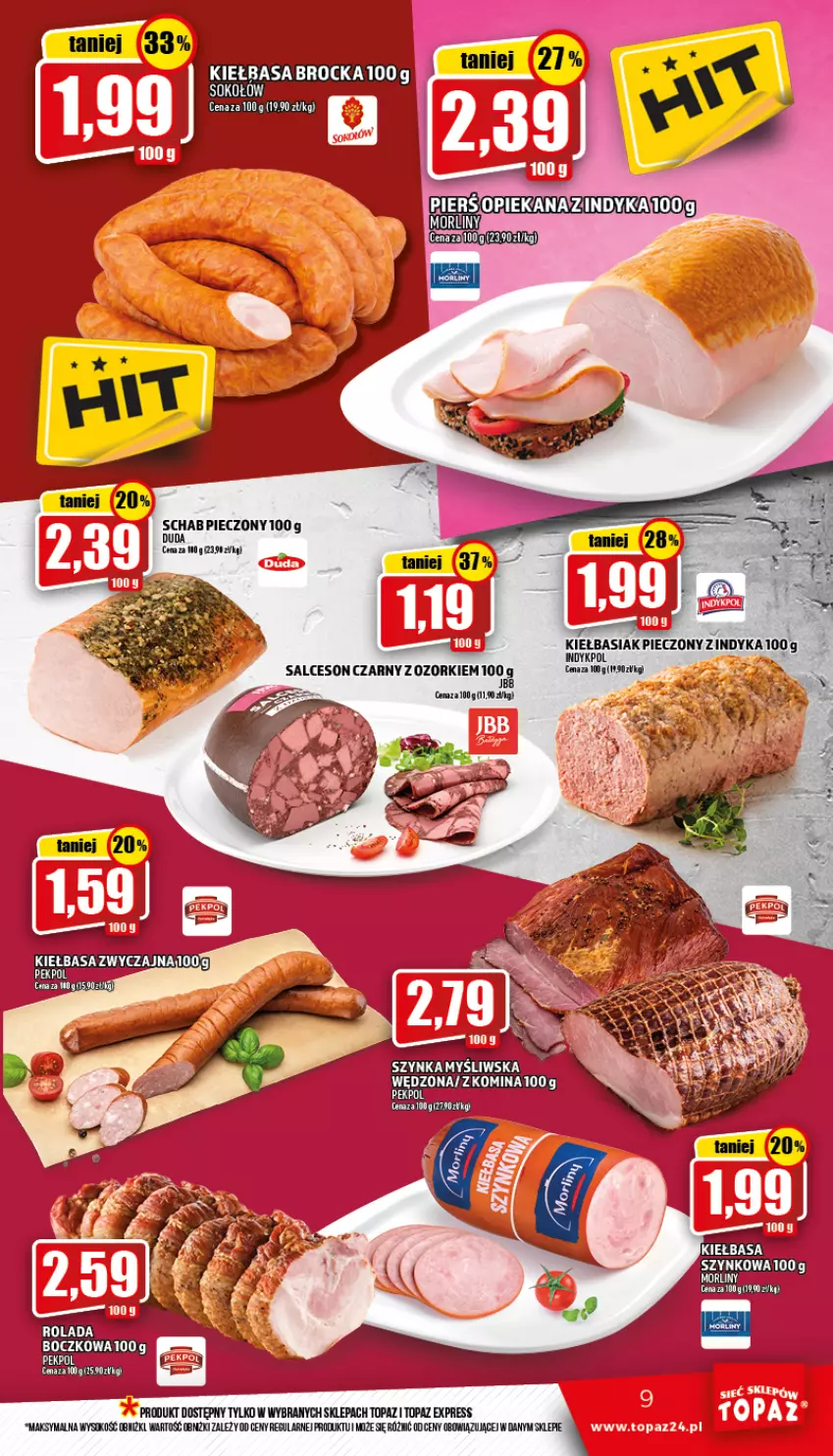 Gazetka promocyjna Topaz - Gazetka - ważna 18.08 do 24.08.2022 - strona 9 - produkty: Basia, Duda, Fa, Kiełbasa, Pekpol, Piec, Schab pieczony, Sok, Szynka, Top