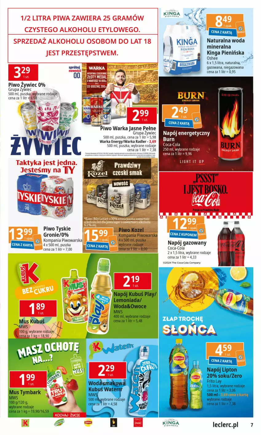 Gazetka promocyjna E Leclerc - ważna 28.05 do 05.06.2024 - strona 7 - produkty: Coca-Cola, Gra, Gry, Kubuś, Kubuś Waterrr, Lemoniada, Lipton, Mus, Napój, Napój energetyczny, Napój gazowany, Oshee, Owoce, Piwa, Piwo, Radler, Sok, Tymbark, Tyskie, Warka, Woda