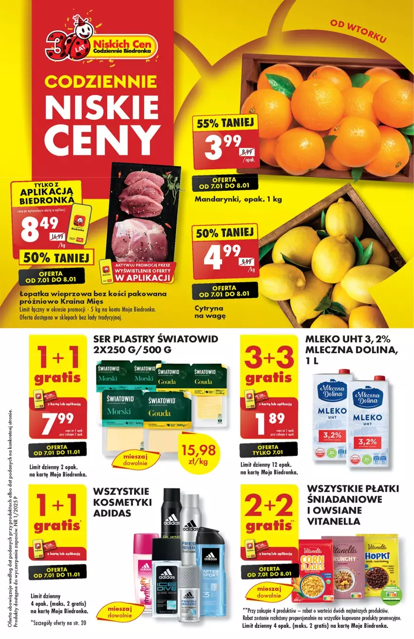 Gazetka promocyjna Biedronka - Od Wtorku - ważna 07.01 do 11.01.2025 - strona 1 - produkty: Adidas, Danio, Gouda, Gra, Kret, Mandarynki, Mleko, Por, Ser