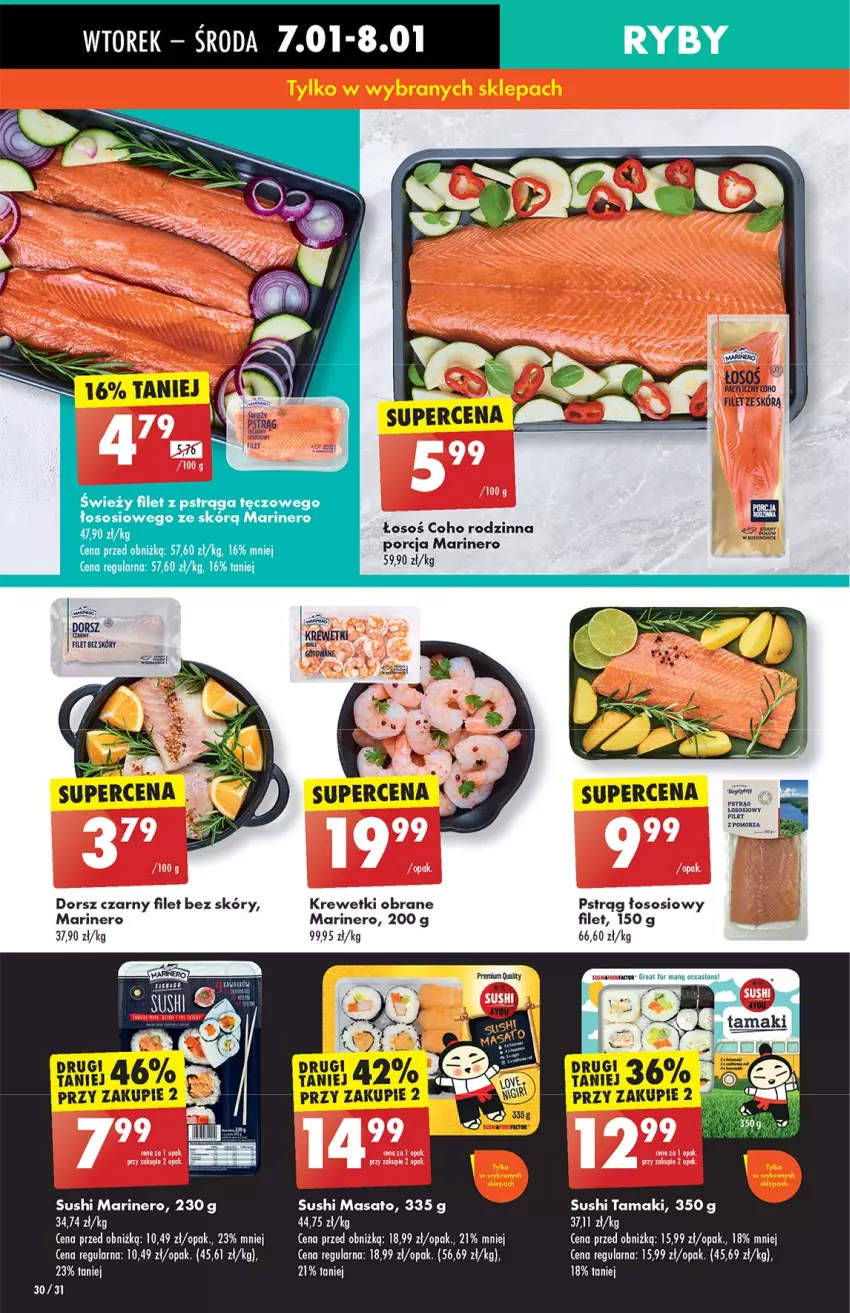 Gazetka promocyjna Biedronka - Od Wtorku - ważna 07.01 do 11.01.2025 - strona 30 - produkty: Dorsz, Filet z pstrąga, Krewetki, Por, Pstrąg, Pstrąg łososiowy, Sos, Sushi