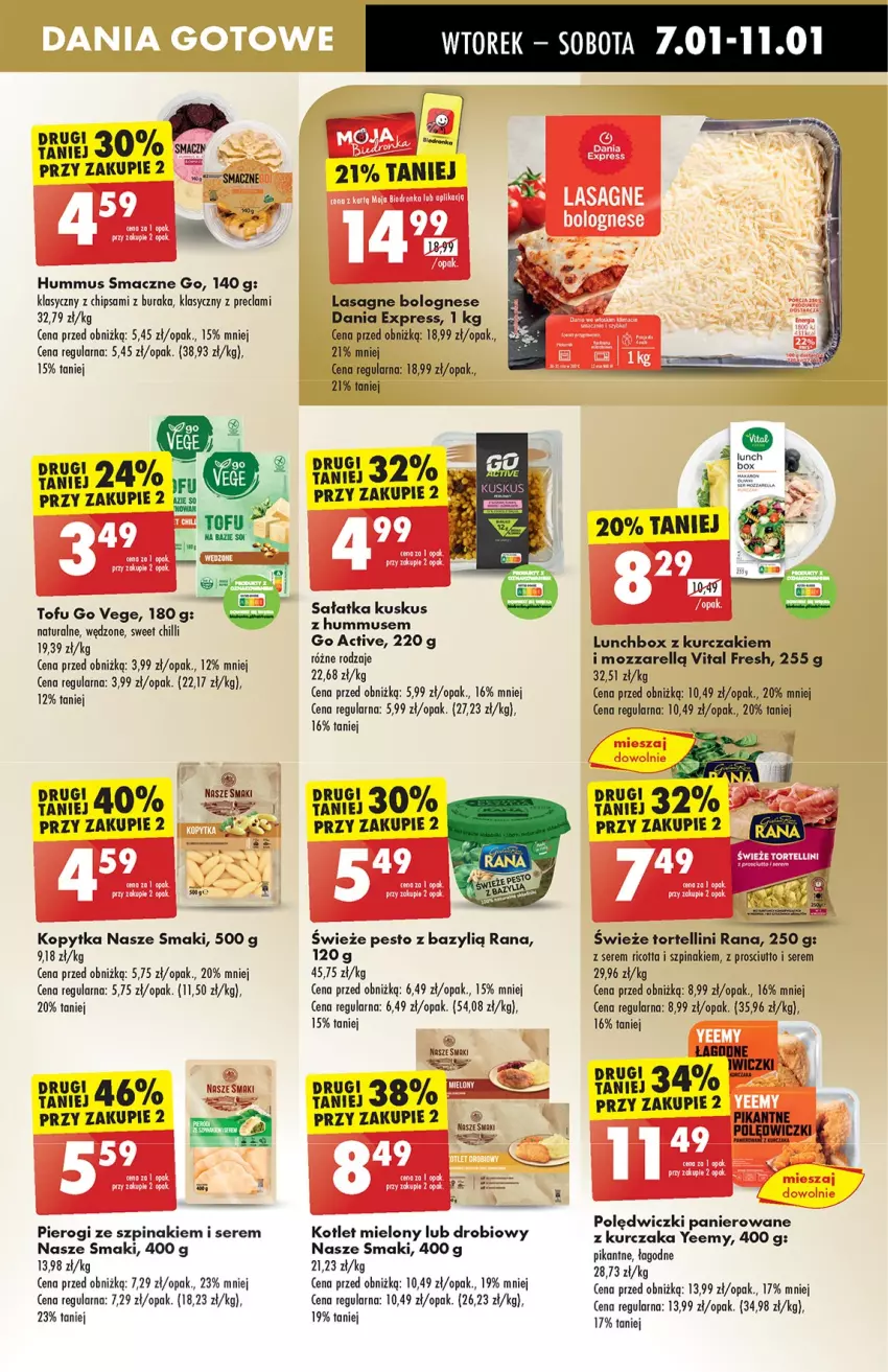 Gazetka promocyjna Biedronka - Od Wtorku - ważna 07.01 do 11.01.2025 - strona 39 - produkty: Bazyl, Hummus, Kopytka, Kotlet, Kurczak, Kuskus, Lasagne, Lasagne bolognese, LG, Mus, Pesto, Pierogi, Polędwiczki panierowane, Prosciutto, Pur, Sałat, Sałatka, Ser, Szpinak, Tofu