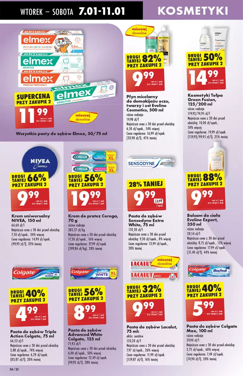 Gazetka promocyjna Biedronka - Od Wtorku - ważna 07.01 do 11.01.2025 - strona 54 - produkty: Balsam do ciała, Colgate, Corega, Eveline, Fusion, Krem uniwersalny, Lacalut, LG, Makijaż, Nivea, Pasta do zębów, Płyn micelarny, Por, Sensodyne, Tołpa, Zupa