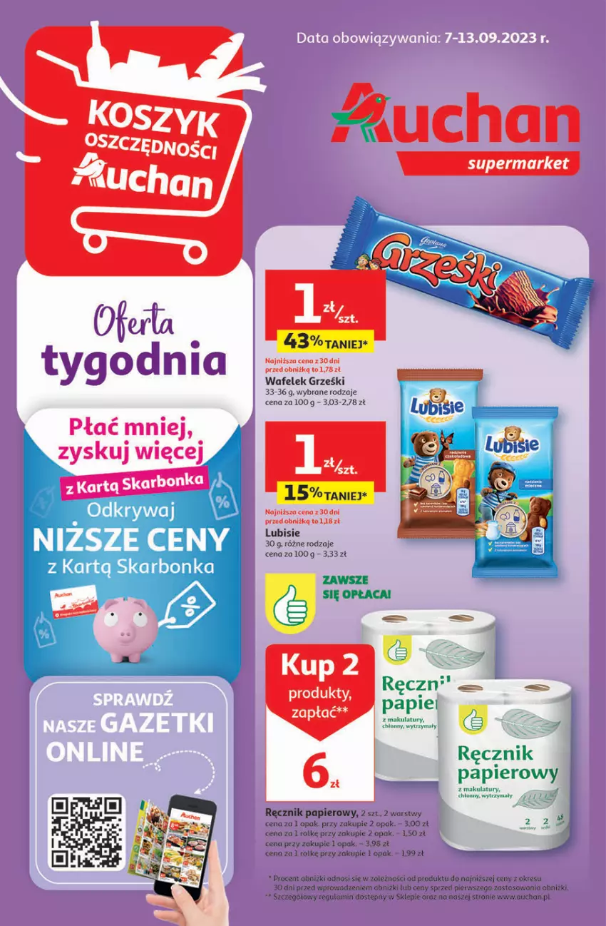 Gazetka promocyjna Auchan - Gazetka Oferta tygodnia Supermarket Auchan - ważna 07.09 do 13.09.2023 - strona 1 - produkty: Grześki, Lubisie, Papier, Ręcznik, Wafelek