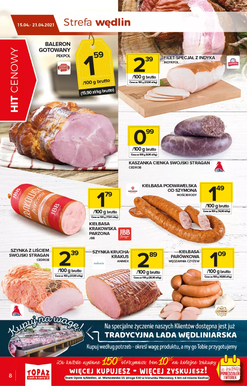 Gazetka promocyjna Topaz - Gazetka - ważna 15.04 do 21.04.2021 - strona 8 - produkty: Kasza, Kaszanka, Kiełbasa, Kiełbasa krakowska, Kiełbasa podwawelska, Krakus, Pekpol, Por, Szynka, Wawel