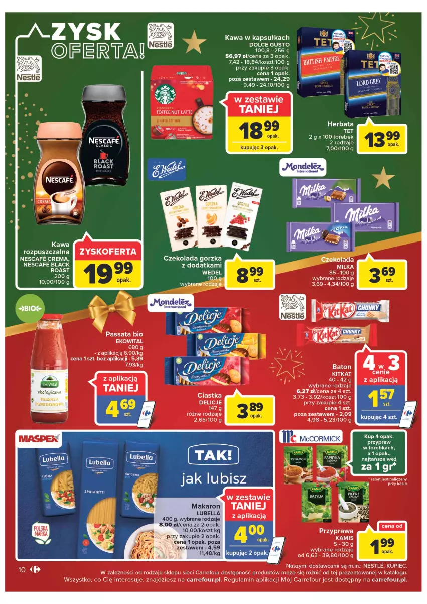 Gazetka promocyjna Carrefour - Gazetka Market - ważna 12.12 do 18.12.2022 - strona 10 - produkty: Bell, Bella, Ciastka, Czekolada, Czekolada gorzka, Delicje, Dolce Gusto, Herbata, Kawa, Kosz, Kupiec, Lack, LG, Lubella, Makaron, Piec, Torebka