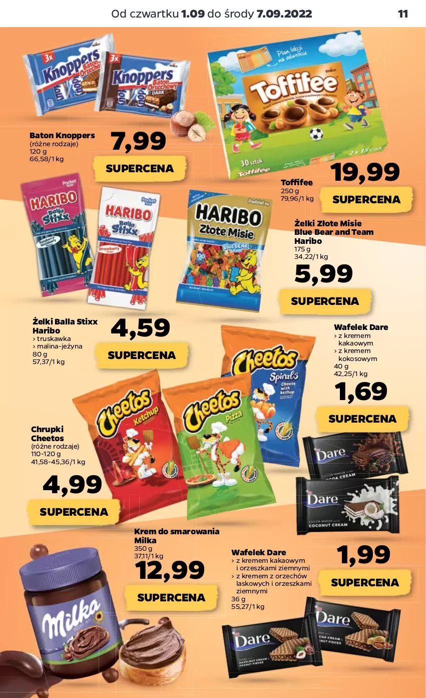 Gazetka promocyjna Netto - Artykuły spożywcze - ważna 01.09 do 07.09.2022 - strona 11 - produkty: Baton, Cheetos, Chrupki, Haribo, Kakao, Knoppers, Kokos, Milka, Toffifee, Wafelek