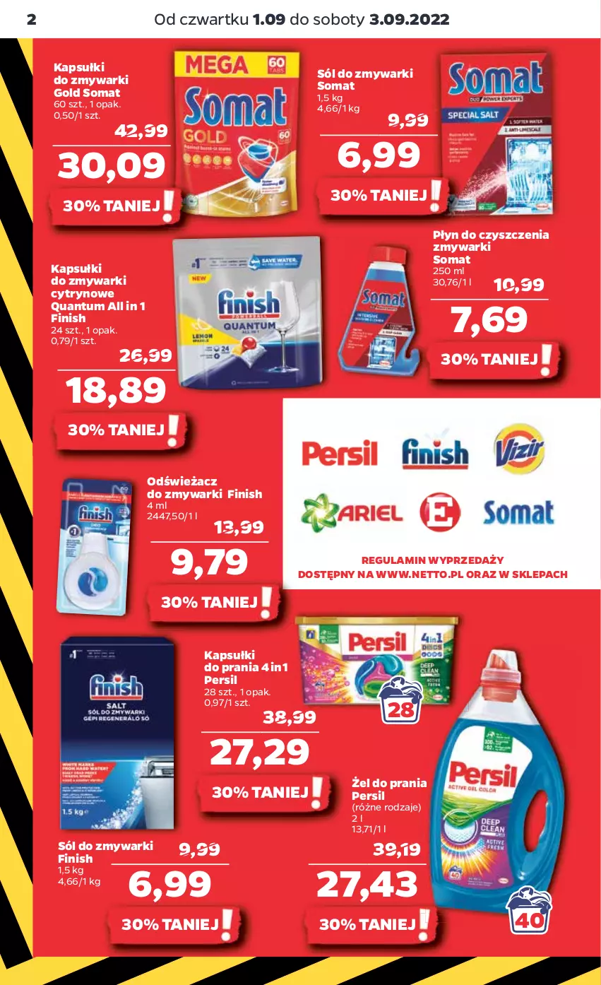 Gazetka promocyjna Netto - Artykuły spożywcze - ważna 01.09 do 07.09.2022 - strona 2 - produkty: Finish, Kapsułki do prania, Odświeżacz do zmywarki, Persil, Sól, Somat, Zmywarki