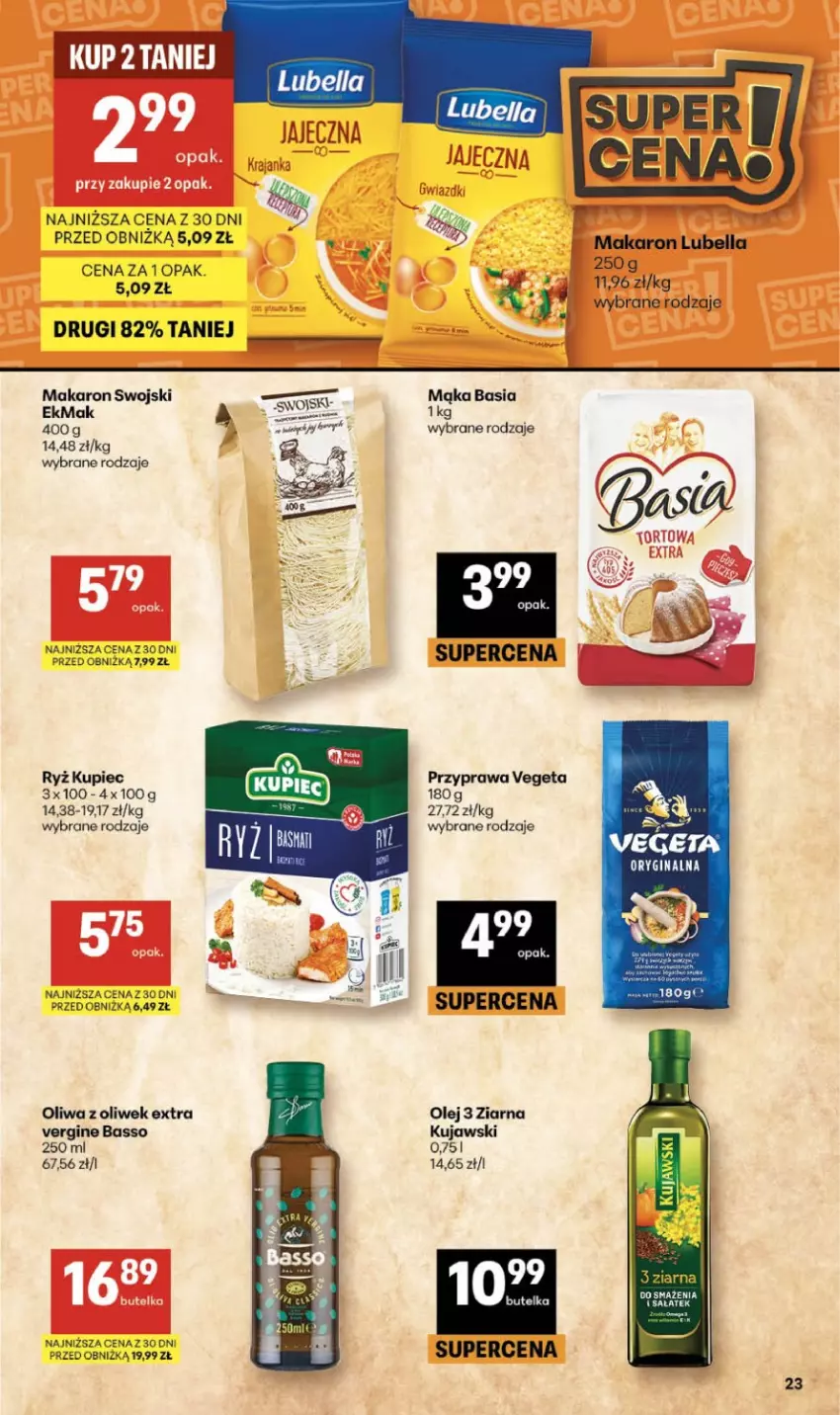 Gazetka promocyjna Delikatesy Centrum - Franczyza DC16 Czwartek - ważna 16.04 do 22.04.2026 - strona 23 - produkty: Basia, Bell, Bella, Gin, Kujawski, Kupiec, Lubella, Mąka, Makaron, Olej, Oliwa, Oliwa z oliwek, Piec, Ryż, Vegeta