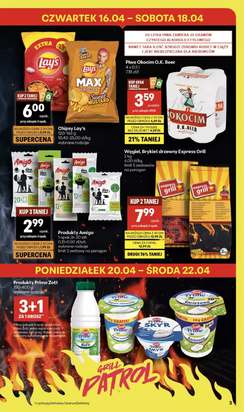 Gazetka promocyjna Delikatesy Centrum - Franczyza DC16 Czwartek - ważna 16.04 do 22.04.2026 - strona 3 - produkty: Brykiet drzewny, Chipsy, Gra, Grill, Koc, Okocim, Piec, Piwa, Piwo