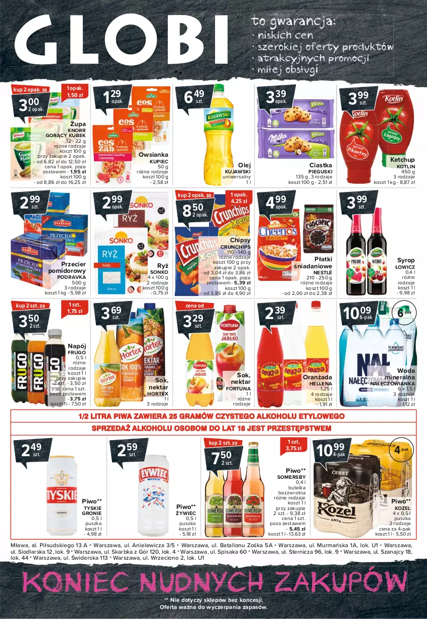 Gazetka promocyjna Carrefour - Gazetka Globi - ważna 25.01 do 01.02.2021 - strona 2 - produkty: Chipsy, Ciastka, Crunchips, Danio, Fortuna, Gra, Hellena, Hortex, Ketchup, Knorr, Kosz, Kotlin, Kozel, Kubek, Kujawski, Kupiec, Lion, Nałęczowianka, Napój, Nektar, Nestlé, Olej, Oranżada, Owsianka, Piec, Piwa, Piwo, Podravka, Ryż, Sok, Somersby, Sonko, Syrop, Tyskie, Woda, Woda mineralna, Zupa