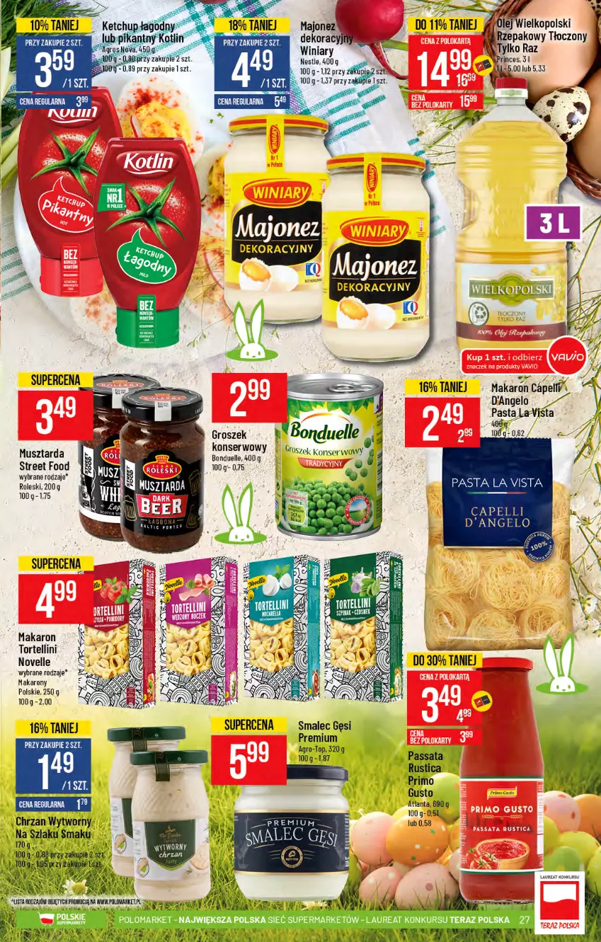 Gazetka promocyjna PoloMarket - Gazetka promocyjna  r - ważna 31.03 do 06.04.2021 - strona 27 - produkty: Bonduelle, Chrzan, Groszek, Laur, Majonez, Makaron, Mus, Musztarda, Ser, Smalec, Tera, Top, Winiary