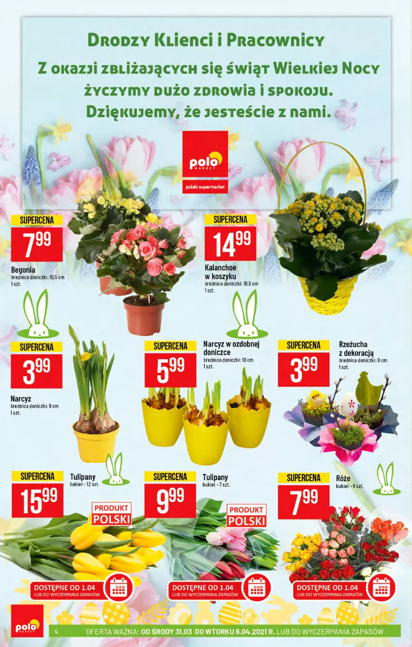 Gazetka promocyjna PoloMarket - Gazetka promocyjna  r - ważna 31.03 do 06.04.2021 - strona 4 - produkty: Bukiet, Kalanchoe, Kosz, Narcyz, Rzeżucha, Tulipan