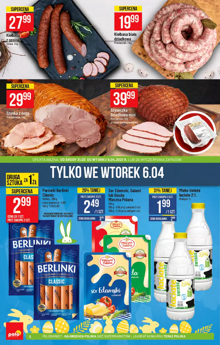 Gazetka promocyjna PoloMarket - Gazetka promocyjna  r - ważna 31.03 do 06.04.2021 - strona 8 - produkty: Edam, Gouda, Kiełbasa, Kiełbasa biała, LANA, Mleko, Morliny, Parówki, Salami, Ser