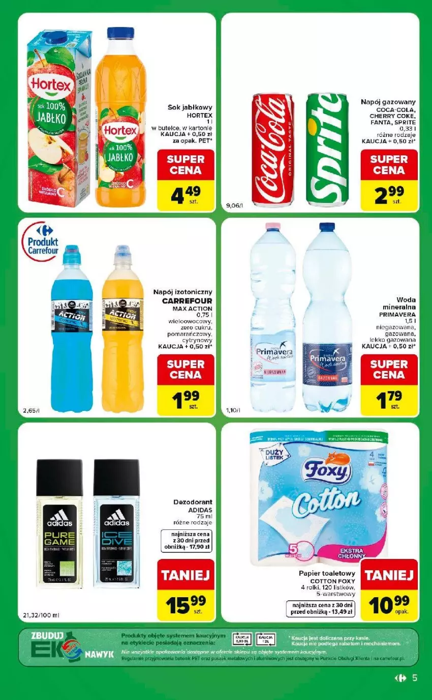 Gazetka promocyjna Carrefour - Gazetka Express w SUMIE ekspresowe zakupy - ważna 04.08 do 10.08.2026 - strona 5 - produkty: Adidas, Coca-Cola, Fa, Fanta, Foxy, Hortex, Napój, Napój gazowany, Napój izotoniczny, Papier, Prima, Primavera, Rolki, Sok, Sok jabłkowy, Sprite, Woda