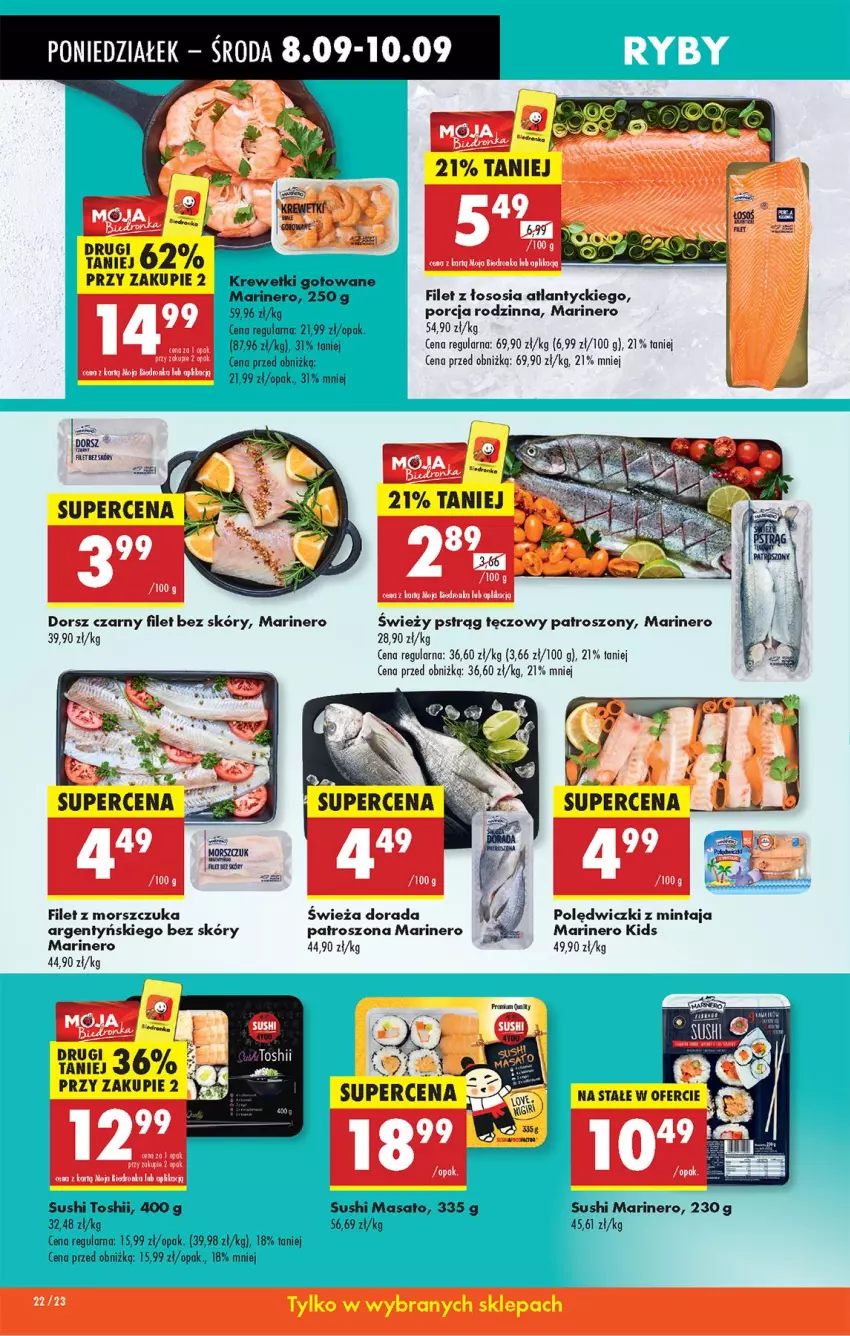 Gazetka promocyjna Biedronka - Od Poniedziałku - ważna 08.09 do 13.09.2025 - strona 26 - produkty: Dorsz, Filet z morszczuka, Krewetki, Mintaj, Por, Pstrąg, Pstrąg tęczowy, Sos, Sushi