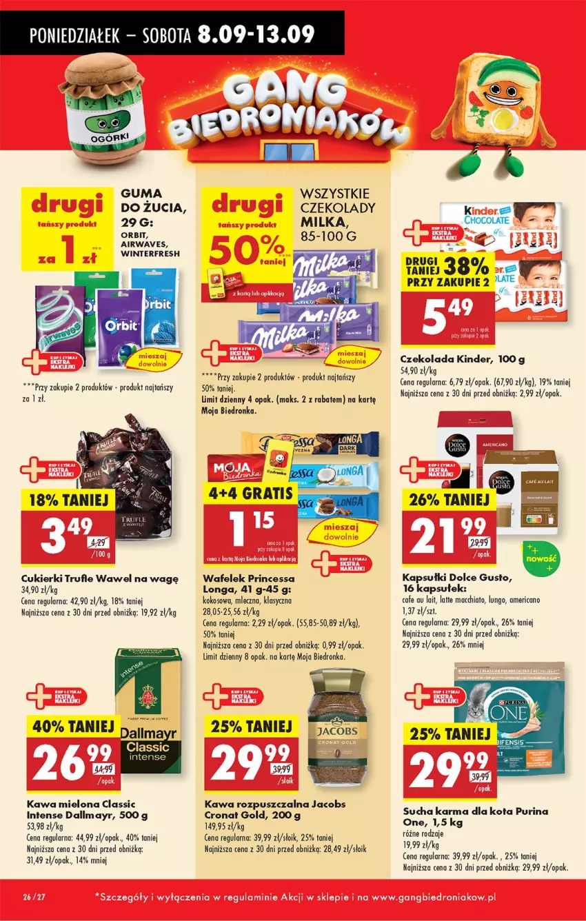 Gazetka promocyjna Biedronka - Od Poniedziałku - ważna 08.09 do 13.09.2025 - strona 30 - produkty: Chia, Cukier, Cukierki, Czekolada, Dallmayr, Dolce Gusto, Fa, Guma do żucia, Jacobs, Kawa, Kawa mielona, Kawa rozpuszczalna, Kinder, Kokos, LG, Milka, Orbit, Princessa, Pur, Purina, Sucha karma, Wafelek, Wawel