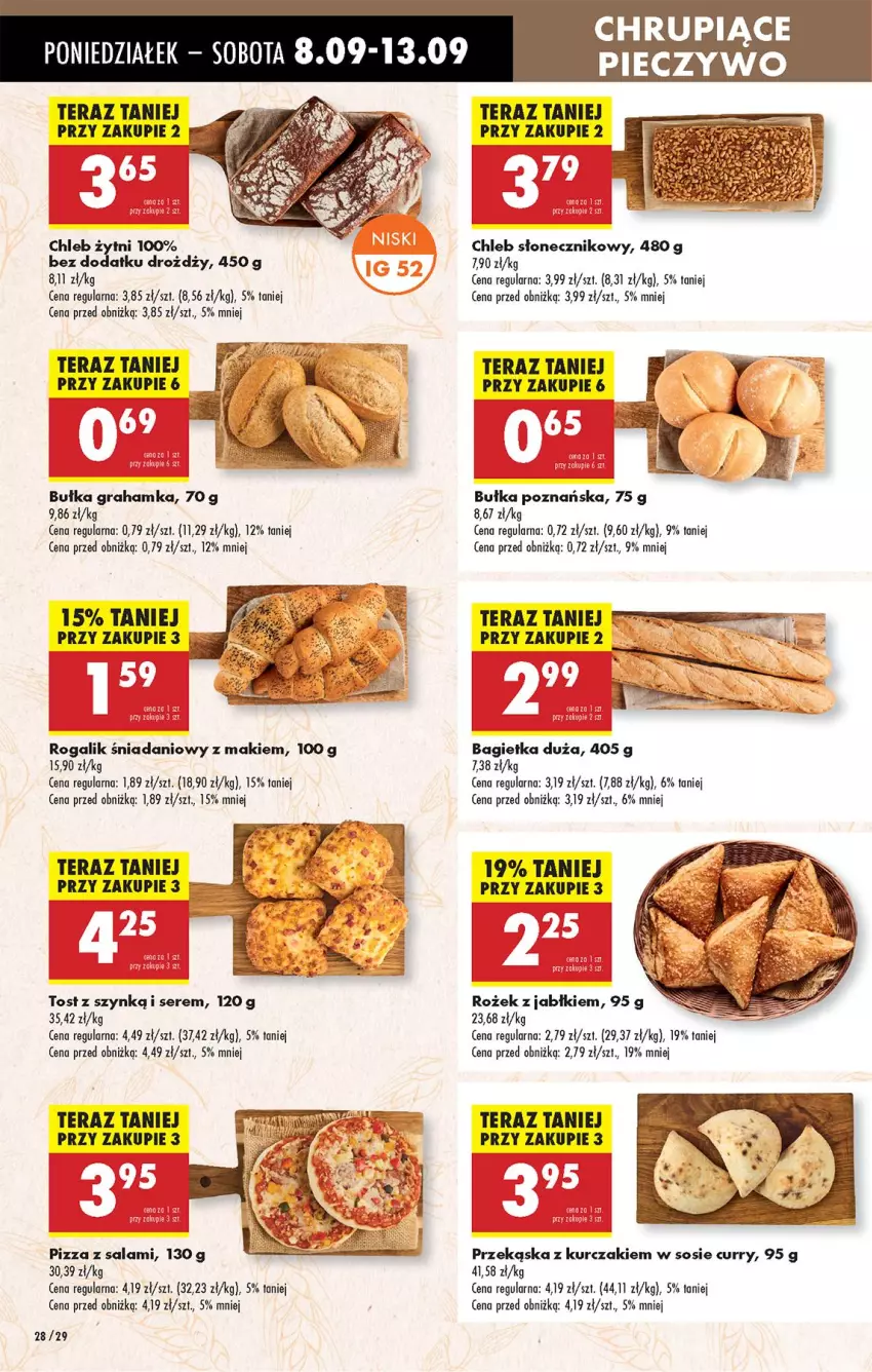 Gazetka promocyjna Biedronka - Od Poniedziałku - ważna 08.09 do 13.09.2025 - strona 34 - produkty: Bagietka, Bułka, Bułka grahamka, Chleb, Danio, Gra, Kurczak, Piec, Pieczywo, Pizza, Rogal, Salami, Ser, Sos, Tera