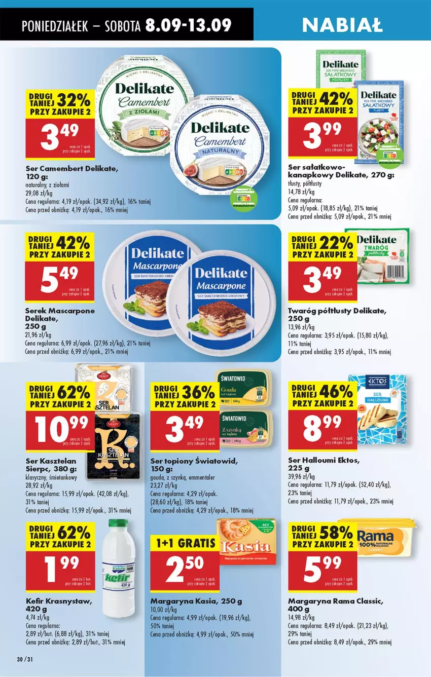Gazetka promocyjna Biedronka - Od Poniedziałku - ważna 08.09 do 13.09.2025 - strona 36 - produkty: Camembert, Emmental, Gouda, Kasztelan, Kefir, Margaryna, Mascarpone, Rama, Sałat, Ser, Ser Kasztelan, Ser topiony, Serek, Top, Twaróg