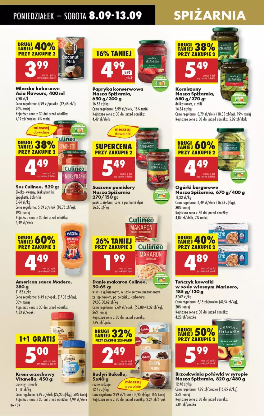 Gazetka promocyjna Biedronka - Od Poniedziałku - ważna 08.09 do 13.09.2025 - strona 42 - produkty: Brzoskwinie, Budyń, Burger, Gra, Kawa, Kokos, Korniszony, Krem orzechowy, Makaron, Mleczko, Mus, Papryka, Pomidory, Ser, Sos, Suszone pomidory, Syrop, Szpinak, Tuńczyk