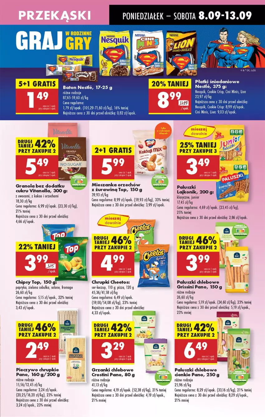 Gazetka promocyjna Biedronka - Od Poniedziałku - ważna 08.09 do 13.09.2025 - strona 45 - produkty: Baton, Cheetos, Chipsy, Chleb, Chrupki, Cini Minis, Gra, Granola, Grissini, Kakao, Lajkonik, Lion, Papryka, Piec, Pieczywo, Pieczywo chrupkie, Pizza, Ser, Top