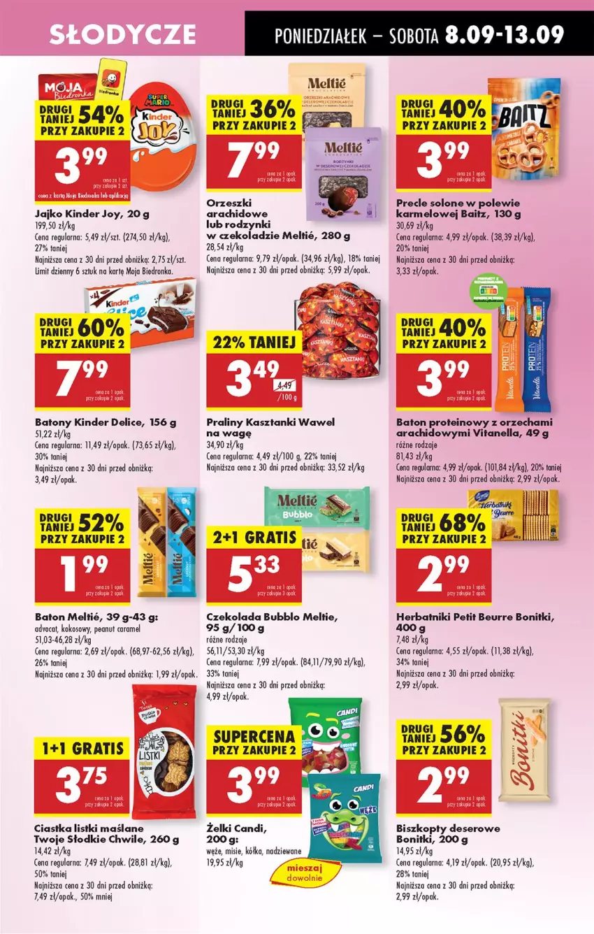 Gazetka promocyjna Biedronka - Od Poniedziałku - ważna 08.09 do 13.09.2025 - strona 47 - produkty: Baton, Biszkopty, Bonitki, Ciastka, Czekolada, Deser, Fa, Gra, Herbatniki, Herbatniki Petit Beurre, Kinder, Kokos, Orzeszki, Praliny, Precle, Rodzynki, Ser, Wawel