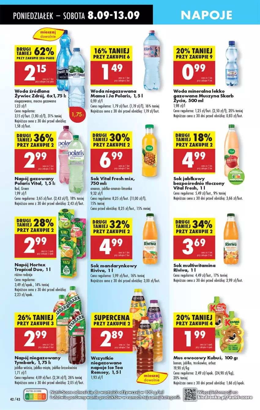 Gazetka promocyjna Biedronka - Od Poniedziałku - ważna 08.09 do 13.09.2025 - strona 48 - produkty: Ananas, Arbuz, Hortex, Ice tea, Kubuś, LANA, Limonka, Mięta, Mus, Napój, Napój gazowany, Napój niegazowany, Napoje, Sok, Sok jabłkowy, Szyna, Tropical, Tymbark, Woda, Woda mineralna, Woda niegazowana