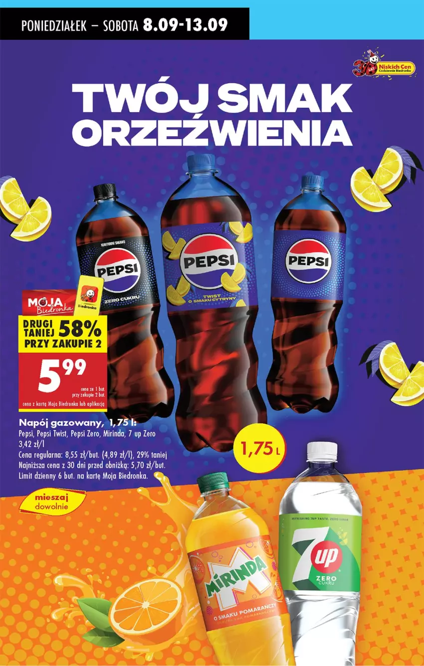 Gazetka promocyjna Biedronka - Od Poniedziałku - ważna 08.09 do 13.09.2025 - strona 50 - produkty: Mirinda, Napój, Napój gazowany, Pepsi, Twój Smak