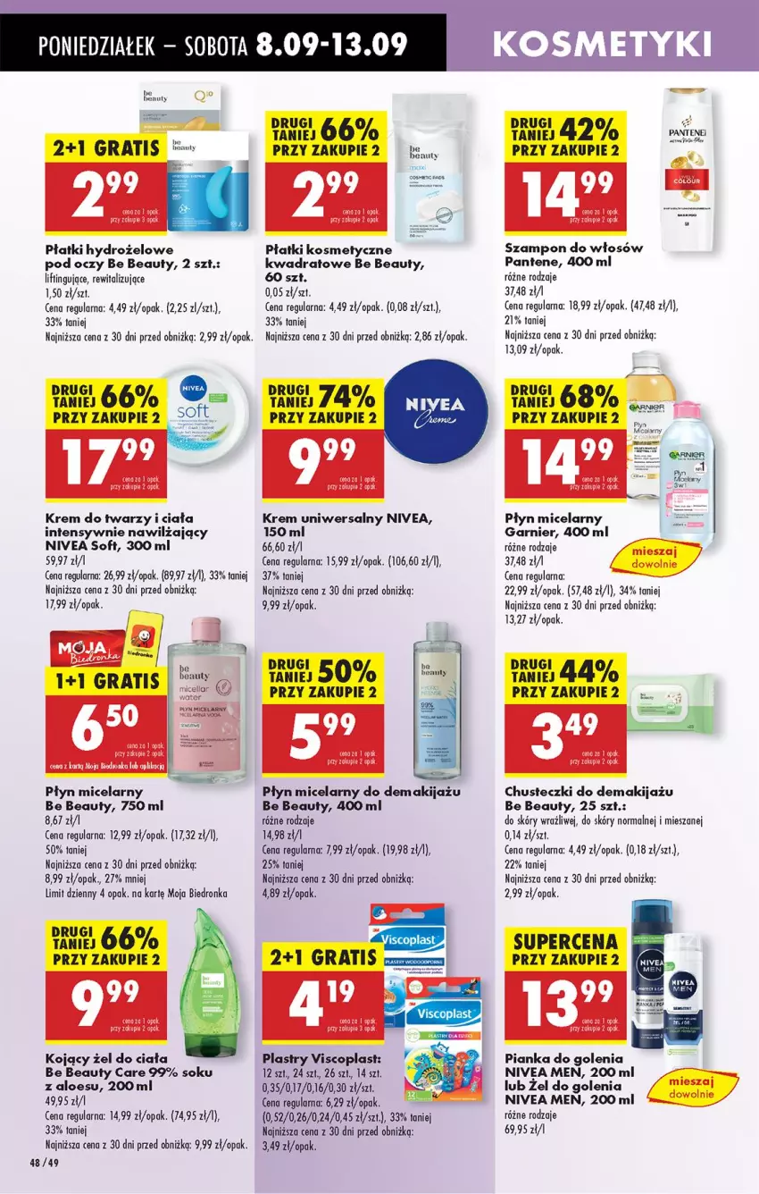 Gazetka promocyjna Biedronka - Od Poniedziałku - ważna 08.09 do 13.09.2025 - strona 56 - produkty: Be Be, Chusteczki, Fa, Garnier, Gra, Krem do twarzy, Krem uniwersalny, Makijaż, Nivea, Nivea Men, Pantene, Pianka do golenia, Płatki kosmetyczne, Płyn micelarny, Sok, Szampon, Viscoplast