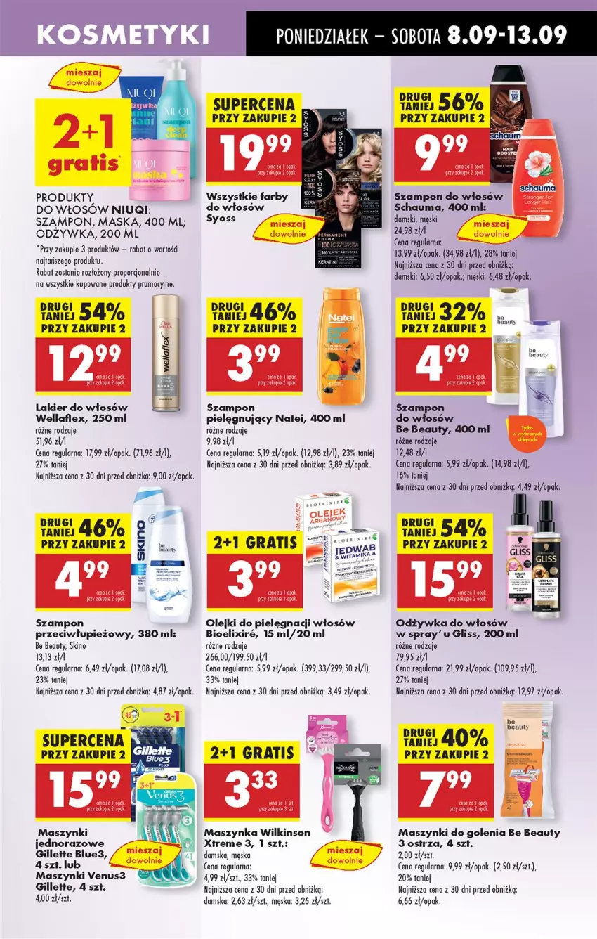 Gazetka promocyjna Biedronka - Od Poniedziałku - ważna 08.09 do 13.09.2025 - strona 57 - produkty: Be Be, Fa, Gillette, Gra, Lakier, Lakier do włosów, Maska, Maszynka, Niuqi, Odżywka, Olej, Por, Schauma, Szampon, Szynka, Venus, Wella, Wellaflex